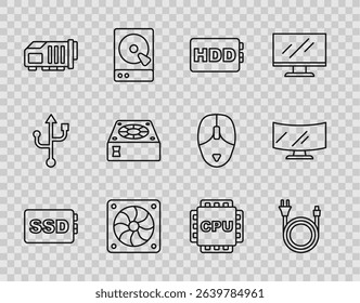 Set line SSD card, Electric plug, Hard disk drive HDD, Computer cooler, Video graphic, Processor with CPU and monitor screen icon. Vector