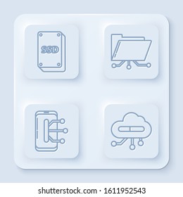 Set line SSD card, Folder and lock, Smartphone, mobile phone and Internet of things. White square button. Vector