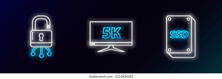 Video Fije la tarjeta SSD de la línea, cierre en la placa de circuito digital y la exhibición del monitor con el icono 5k. Brillante neón. Vector