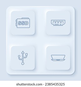 Set line SSD card, RAM, random access memory, USB and Laptop. White square button. Vector