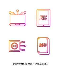 Set line SSD card, Remote control, Laptop and Tablet with text 5k. Gradient color icons. Vector