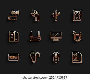 Set line SSD card, USB cable cord, Router and wi-fi signal, Computer mouse, Case of computer, Electric plug and monitor screen icon. Vector