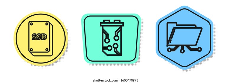Set line SSD card, Video graphic card and Folder and lock. Colored shapes. Vector