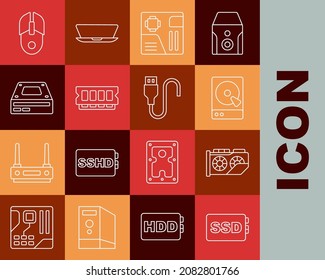 Set line SSD card, Video graphic, Hard disk drive HDD, Motherboard digital chip, RAM, random access memory, Optical disc, Computer mouse and USB cable cord icon. Vector