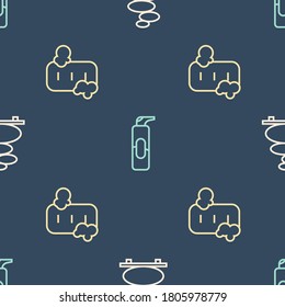 Set line Stack hot stones, Bar of soap with foam and Spray can for hairspray on seamless pattern. Vector