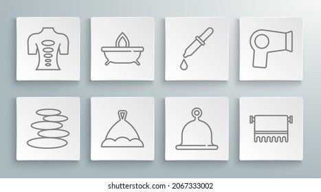 Set line Stack hot stones, Aroma candle, Sauna hat, Towel hanger, Pipette, Hair dryer and Massage therapy icon. Vector
