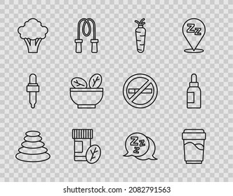 Set line Stack hot stones, Glass with water, Carrot, Vitamin pill, Broccoli, Salad bowl, Sleepy and Essential oil bottle icon. Vector