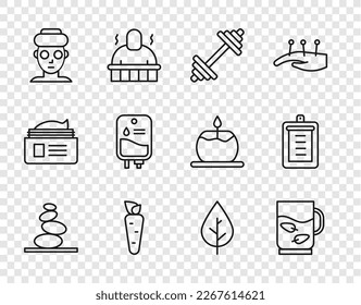 Set line Stack hot stones, Cup of tea and leaf, Dumbbell, Carrot, Facial cosmetic mask, IV bag, Leaf and Clipboard with checklist icon. Vector
