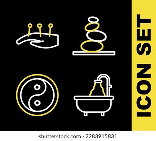 Set line Stack hot stones, Bathtub, Yin Yang and Acupuncture therapy icon. Vector