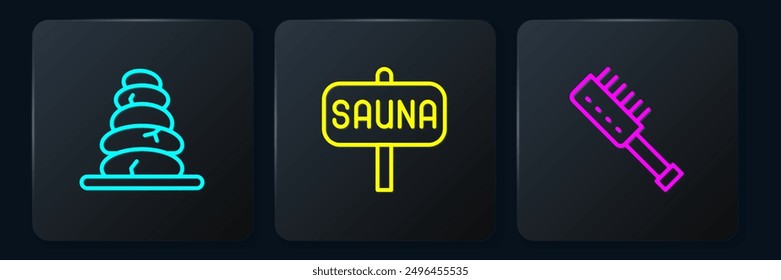 Set line Stack hot stones, Sauna brush and . Black square button. Vector