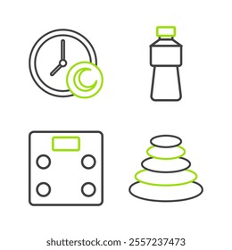 Set line Stack hot stones, Bathroom scales, Bottle of water and Time sleep icon. Vector