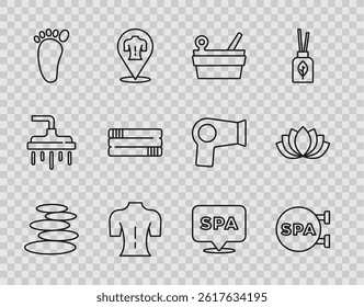 Set line Stack hot stones, Spa salon, Sauna bucket and ladle, Massage, Foot massage, Towel stack,  and Lotus flower icon. Vector