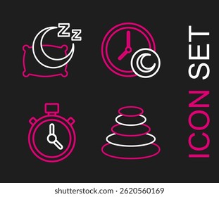 Set line Stack hot stones, Stopwatch, Time sleep and  icon. Vector