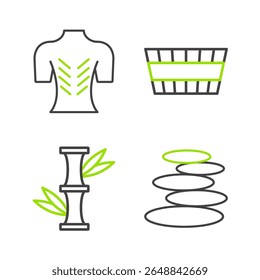 Set line Stack hot stones, Bamboo, Sauna bucket and Massage icon. Vector