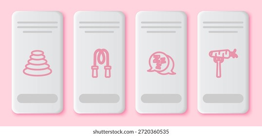 Set line Stack hot stones, Jump rope, Sleepy and Carrot fork. White rectangle button. Vector