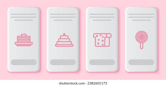 Set line Stack of pancakes, Cake with burning candles, Bread toast and Lollipop. White rectangle button. Vector
