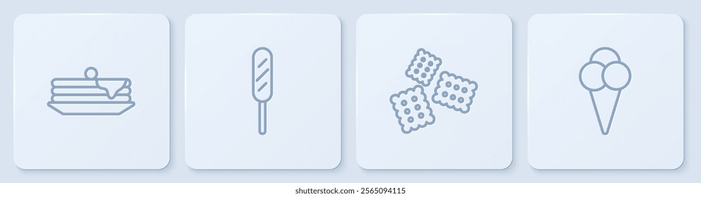 Set line Stack of pancakes, Cracker biscuit, Corn dog and Ice cream in waffle cone. White square button. Vector