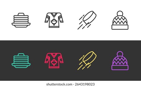Set line Stack of pancakes, Hockey jersey, puck and Beanie hat on black and white. Vector