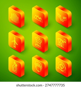 Set line Stack of pancakes, Mountains, Deer antlers, Wind turbine, Inukshuk, Farm house, Bottle maple syrup and Hockey helmet icon. Vector
