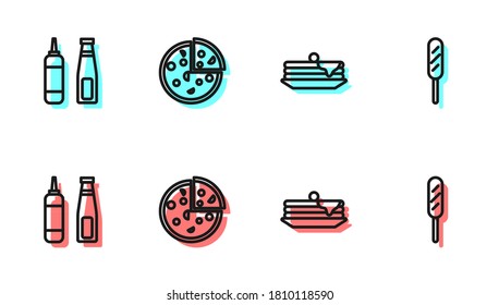 Set line Stack of pancakes, Sauce bottle, Pizza and Corn dog icon. Vector