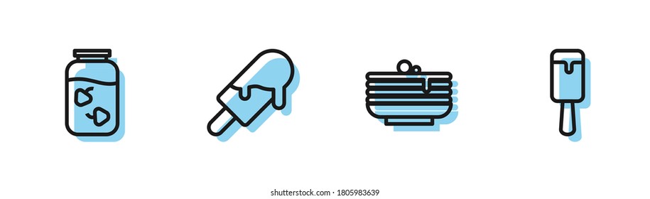 Set line Stack of pancakes, Strawberry jam jar, Ice cream and  icon. Vector