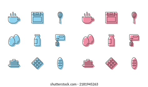 Set line Stack of pancakes, Waffle, Coffee cup, Bread loaf, Bottle with milk, Electric mixer, Easter eggs and Oven icon. Vector