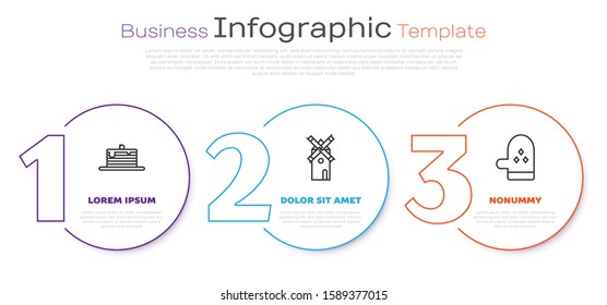 Set line Stack of pancakes , Windmill  and Oven glove . Business infographic template. Vector