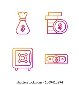 Set line Stacks paper money cash, Safe, Money bag and Coin money with dollar symbol. Gradient color icons. Vector