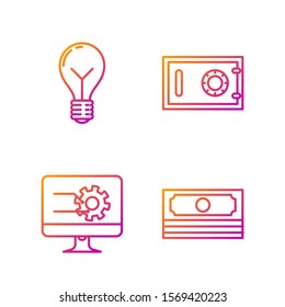 Set line Stacks paper money cash, Computer monitor with graph chart, Light bulb with concept of idea and Safe. Gradient color icons. Vector
