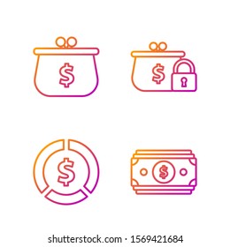 Set line Stacks paper money cash, Coin money with dollar symbol, Wallet with with dollar symbol and Closed wallet with lock. Gradient color icons. Vector