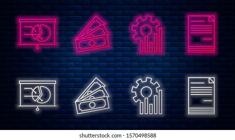 Set line Stacks paper money cash, Pie chart infographic, Board with graph chart and Document. Glowing neon icon on brick wall. Vector