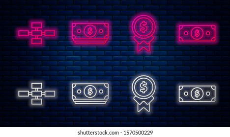 Set line Stacks paper money cash, Reward for good work, Business hierarchy organogram chart infographics and Stacks paper money cash. Glowing neon icon on brick wall. Vector