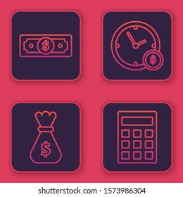 Set line Stacks paper money cash, Money bag, Time is money and Calculator. Blue square button. Vector