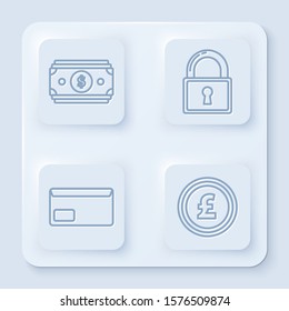 Set line Stacks paper money cash, Lock, Envelope and Coin money with pound sterling symbol. White square button. Vector