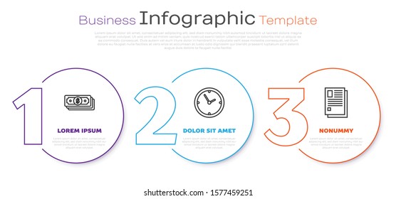 Set line Stacks paper money cash, Clock and File document. Business infographic template. Vector