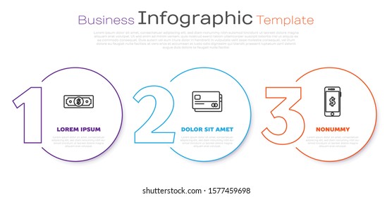 Set line Stacks paper money cash, Credit card and Smartphone with dollar symbol. Business infographic template. Vector