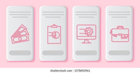 Set line Stacks paper money cash, Clipboard with graph chart, Computer monitor with graph chart and Briefcase and money. White rectangle button. Vector