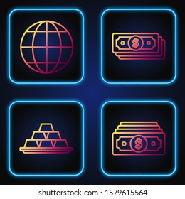 Set line Stacks paper money cash, Gold bars, Earth globe and Stacks paper money cash. Gradient color icons. Vector