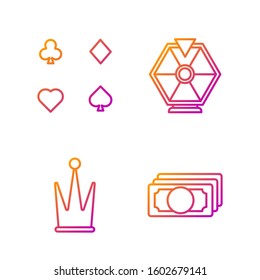 Set line Stacks paper money cash, Crown, Playing cards and Lucky wheel. Gradient color icons. Vector