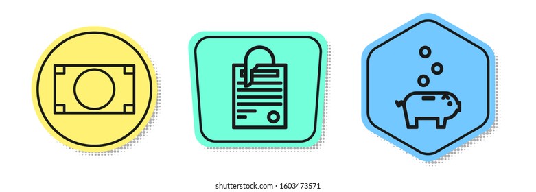 Set line Stacks paper money cash, File document and paper clip and Piggy bank with coin. Colored shapes. Vector