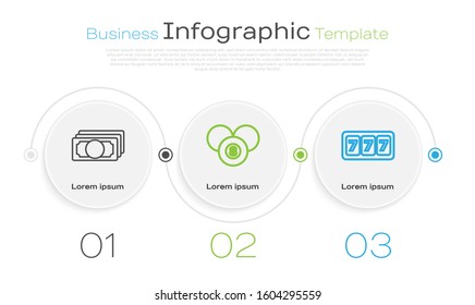 Set line Stacks paper money cash, Billiard pool snooker 8 ball and Slot machine with lucky sevens jackpot. Business infographic template. Vector