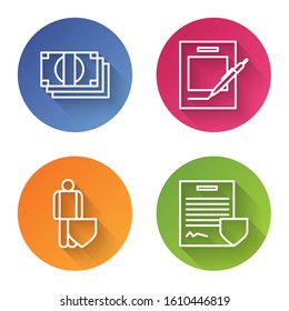 Set line Stacks paper money cash, Blank notebook and pen, Life insurance with shield and Contract with shield. Color circle button. Vector