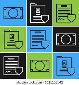 Set line Stacks paper money cash, Contract with shield and Document with shield icon. Vector