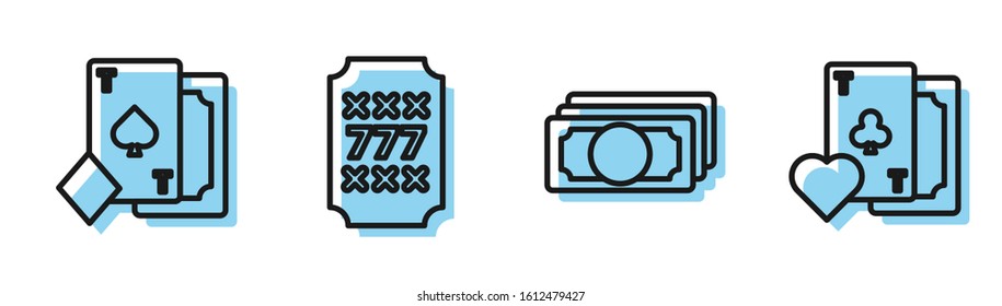 Set line Stacks paper money cash, Playing card with spades, Slot machine with lucky sevens jackpot and Playing card with clubs symbol icon. Vector
