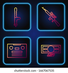 Set Line Stacks Paper Money Cash, Retro Audio Cassette Tape, Police Rubber Baton And Sniper Rifle With Scope. Gradient Color Icons. Vector