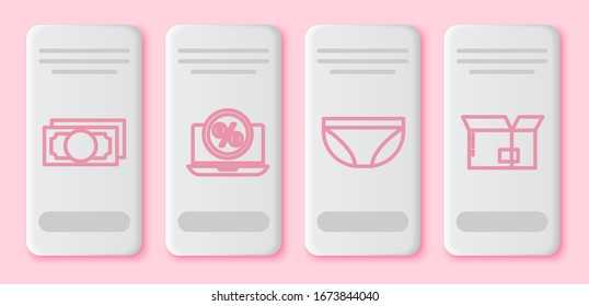 Set line Stacks paper money cash, Percent discount and laptop, Underwear and Carton cardboard box. White rectangle button. Vector