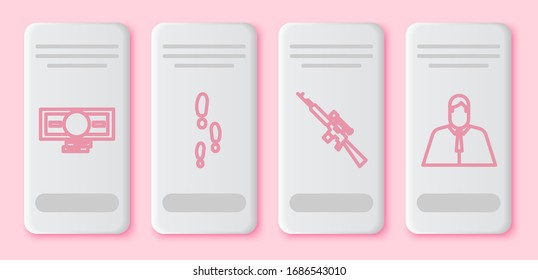 Set Line Stapel Papiergeld Bargeld, Fußstapfen, Sniper Gewehr mit Umfang und Anwalt, Anwalt, Jurist. Weiße Rechtecktaste. Vektorillustration