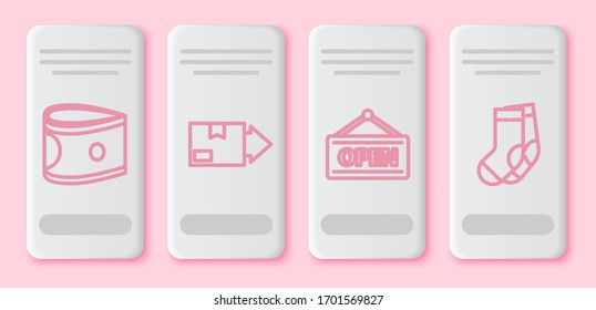 Línea Apila dinero de papel en efectivo, Caja cartón, Cartón colgante con Open y Socks. Botón rectángulo blanco. Vector