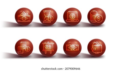 Set line Stacks paper money cash, Paper or financial check, Coin with dollar, Tearing banknote, Chalkboard diagram, Hourglass, Wallet and Laptop icon. Vector