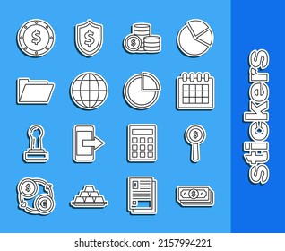 Set line Stacks paper money cash, Magnifying glass and dollar symbol, Calendar, Coin with, Earth globe, Document folder,  and Pie chart infographic icon. Vector